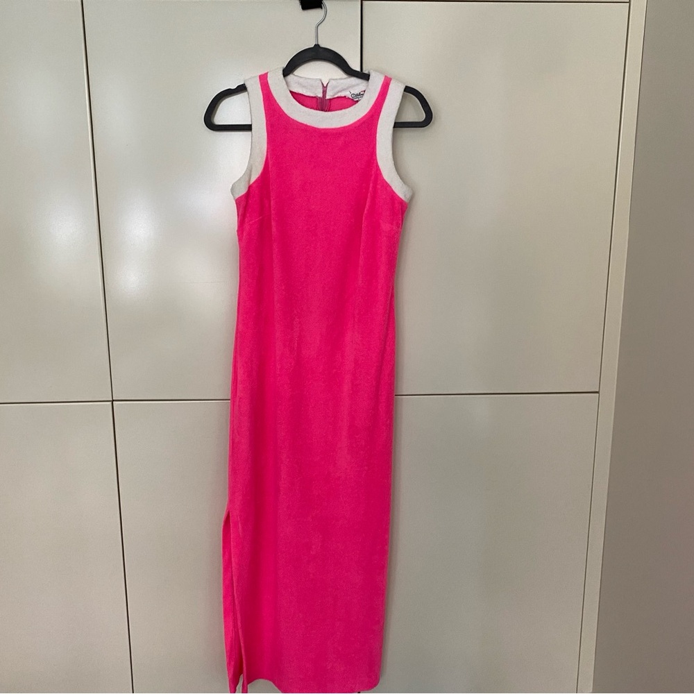 Vintage 60s Made in California Catalina Vibrant Pink long Dress with White Trim